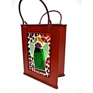 Vintage Stained Glass Metal Bag Tea Light Lantern Candle Christmas Angel Decor